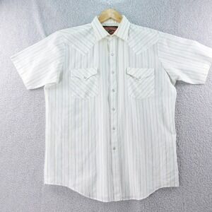 Vintage Red Rider Western Mens L‎ White Blue Striped Short Sleeve Pearl Snap